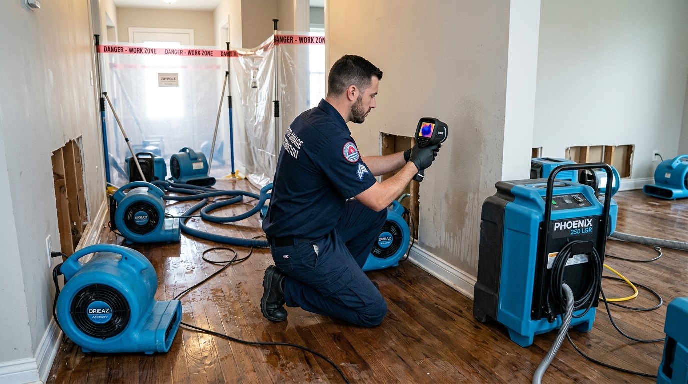 Industrial LGR Dehumidification, Air Movers & Infrared Moisture Mapping on Job Site